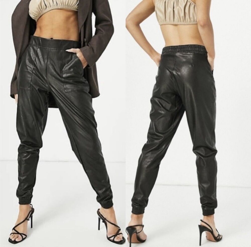 SPANX Noir Leather Like Joggers Elastic Waist Pockets S